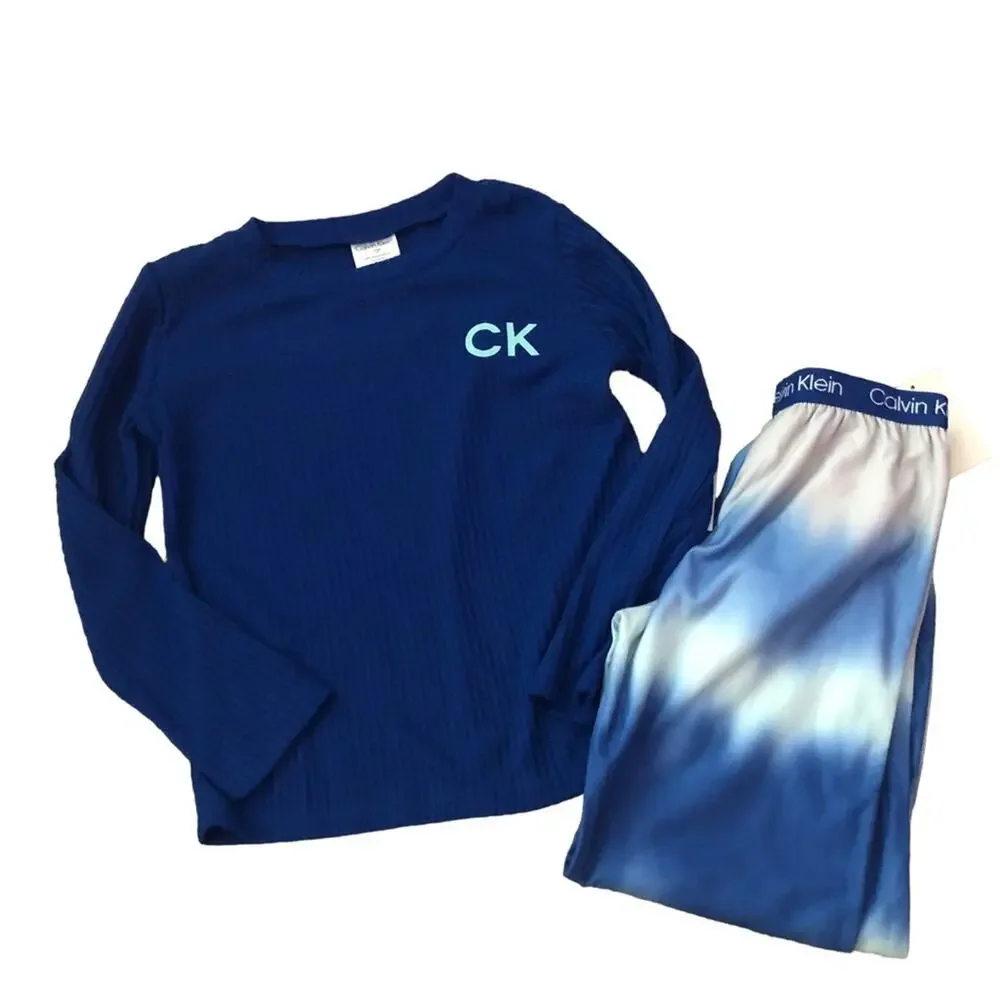 Calvin Klein CK 2 Piece Pajama Set Girls Size Small 6/6X Long Sleeve Fleece New